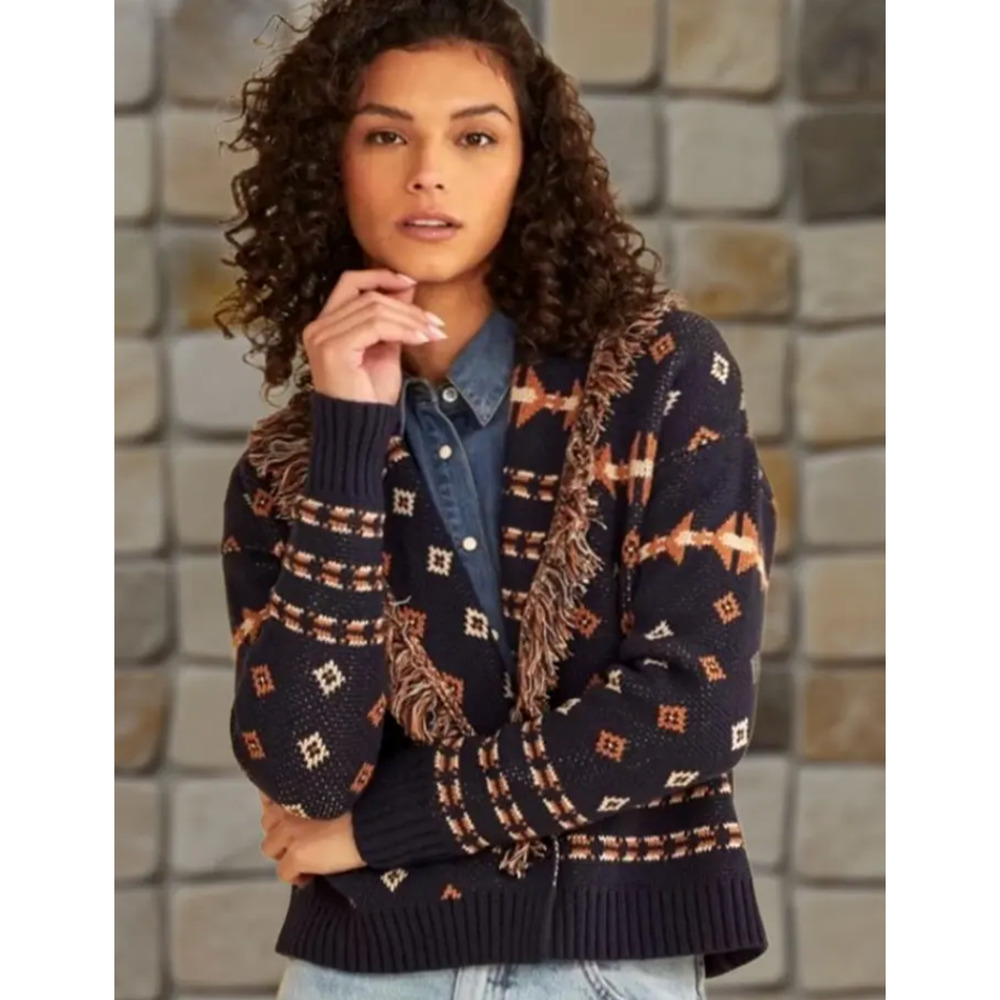 NWT PENDLETON NAVY BLUE FRINGE TRIM SHAWL COLLAR CARDIGAN SWEATER SZ S